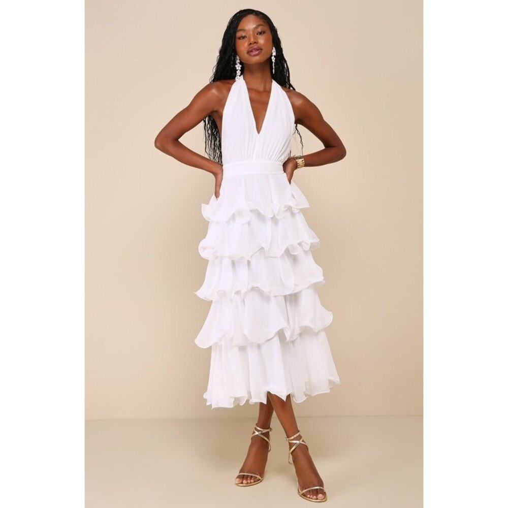 Lulus Exceedingly Gorgeous White Tiered Halter Midi Dress - Size XS